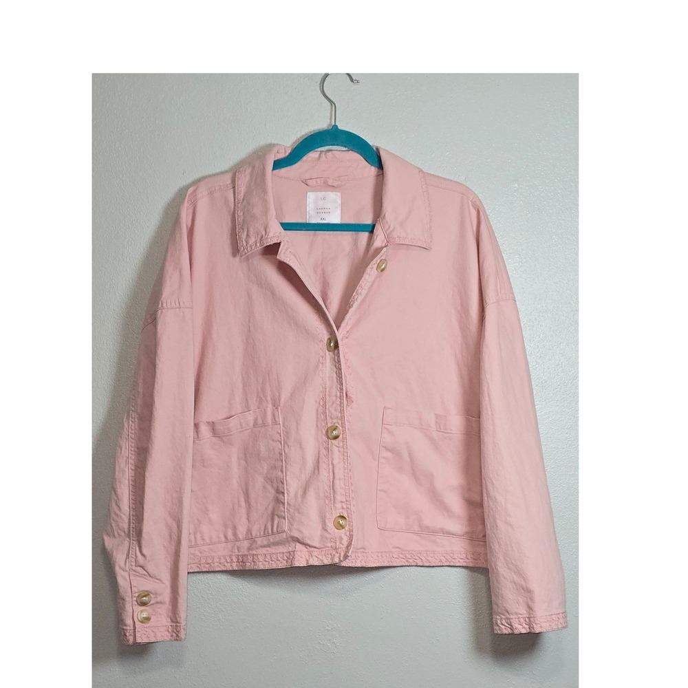 LC Lauren Conrad Pink Utility Jacket XXL Embroidered Hem Button Front Pockets